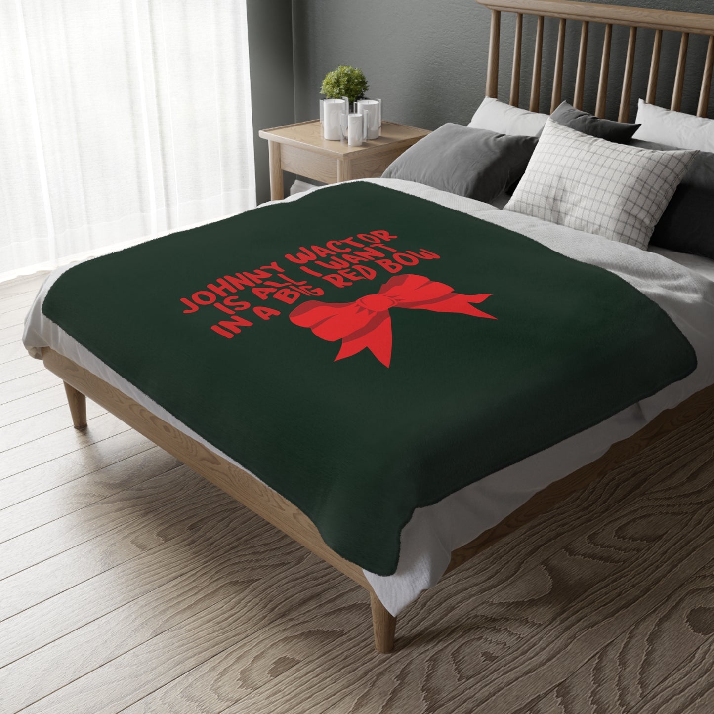 Johnny Wactor is All I Want in a Big Red Bow Velveteen Minky Blanket (Two-sided print)